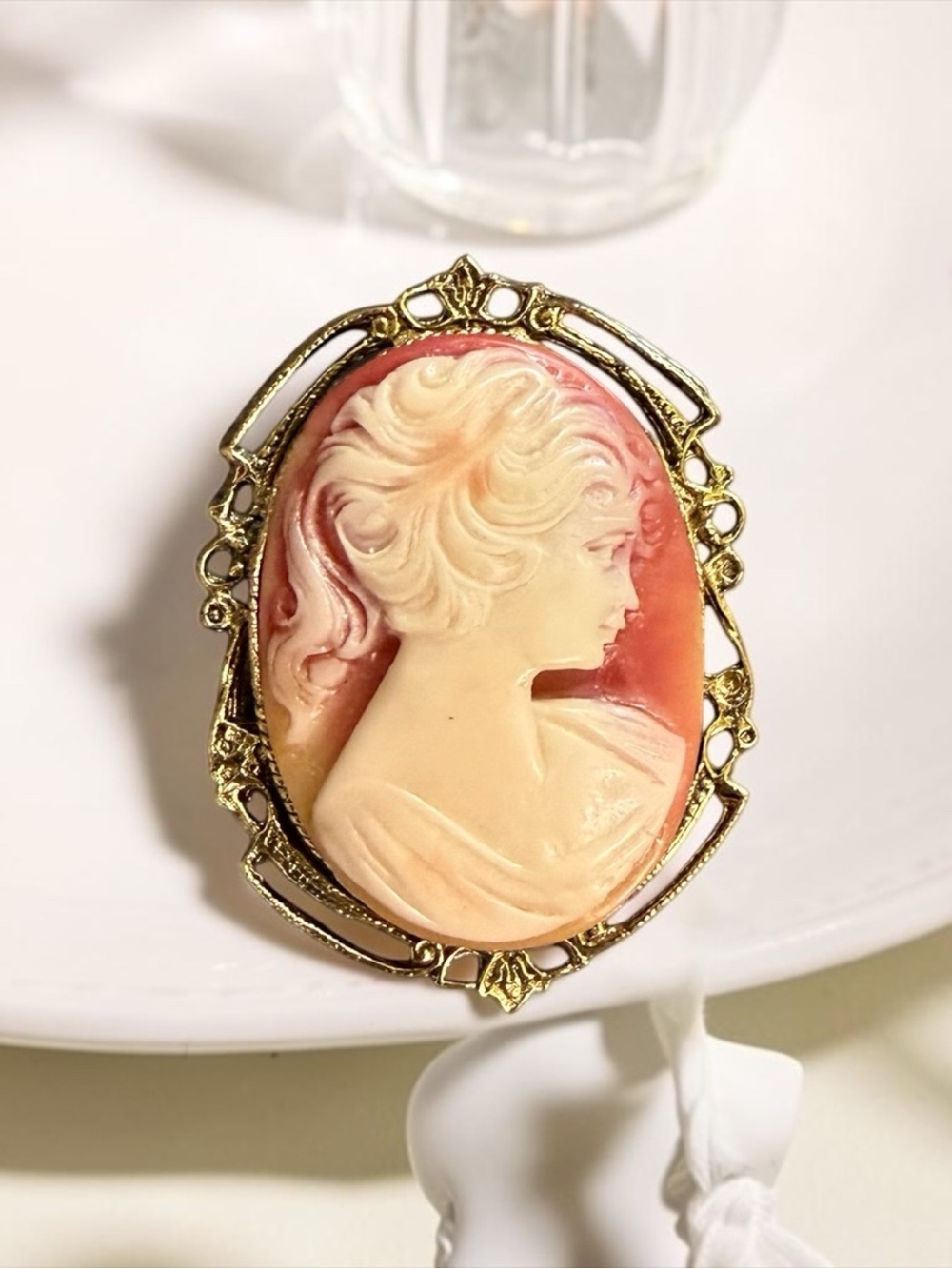 Vintage from 1960’s Cameo Coral and Cream Cameo Brooch - Women Jewelry